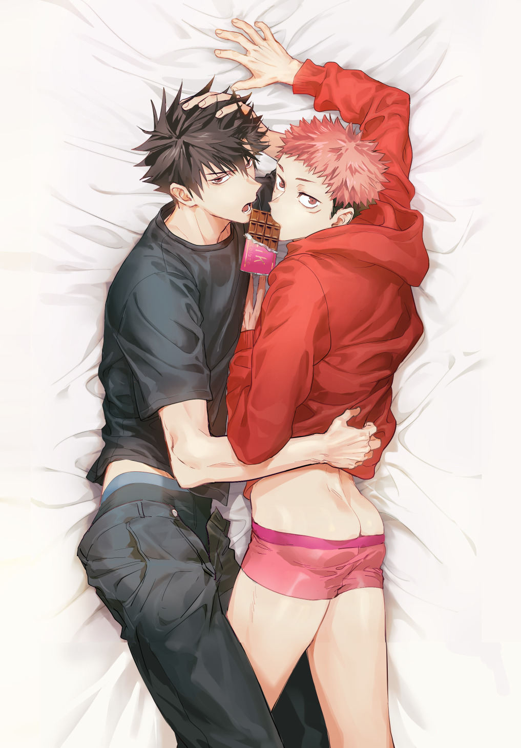 2boys ass black_hair black_male_underwear black_shirt boxers candy chocolate chocolate_bar food fushiguro_megumi hand_on_another&#039;s_back hand_on_own_head highres hood hoodie itadori_yuuji juju_net jujutsu_kaisen leg_between_thighs long_sleeves looking_at_viewer male_focus male_underwear multiple_boys no_pants open_mouth open_pants pants pink_eyes pink_hair pink_male_underwear red_hoodie shirt short_hair simple_background spiked_hair thighs undercut underwear yaoi