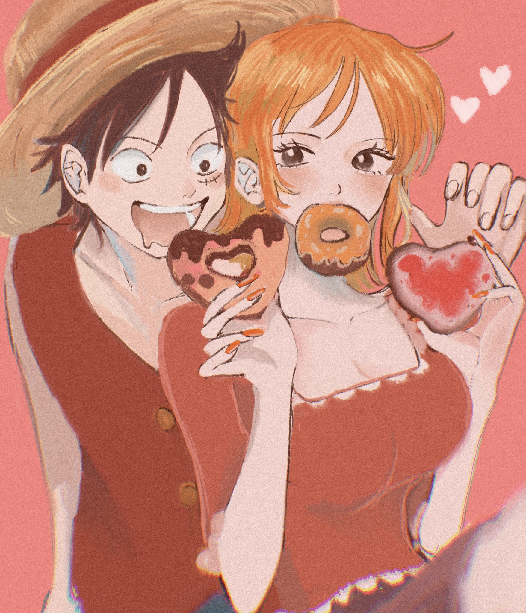 1boy 1girl black_hair blush breasts brown_eyes buttons collarbone donut drooling facial_scar food food_in_mouth hat heart highres holding holding_donut holding_food large_breasts monkey_d._luffy mouth_drool mouth_hold nail_polish nami_(one_piece) one_piece open_mouth orange_hair orange_nails pink_background red_shirt scar scar_on_cheek scar_on_face shio_(im_rt56) shirt short_hair straw_hat upper_body