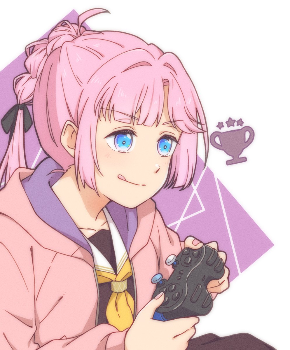 1girl :q ahoge anyoji_hime black_ribbon blue_eyes blunt_bangs brown_dress collarbone commentary controller donpa dress dualshock game_controller gamepad hair_ribbon hasu_no_sora_school_uniform highres holding holding_controller holding_game_controller hood hooded_jacket jacket link!_like!_love_live! long_hair long_sleeves love_live! multi-tied_hair neckerchief open_clothes open_jacket pink_hair pink_jacket playing_games playstation_controller ponytail purple_background ribbon sailor_collar sailor_dress school_uniform sidelocks solo swept_bangs tongue tongue_out two-tone_background upper_body v-shaped_eyebrows virtual_youtuber white_background white_sailor_collar winter_uniform yellow_neckerchief