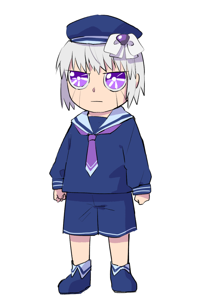 1boy blue_footwear clenched_hands grey_hair hat head_bow konjiki_no_gash!! long_sleeves necktie purple_eyes purple_necktie sailor sailor_hat short_hair shorts simple_background standing zeno_bell zfhe8252