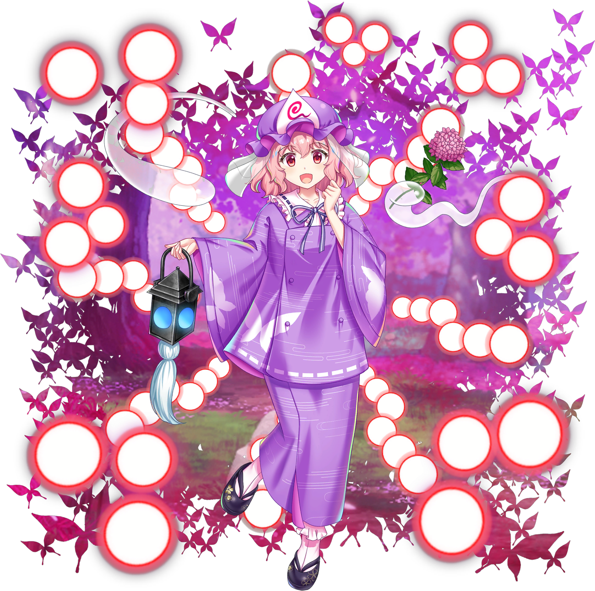 1girl alternate_costume alternate_headwear_color animal_print black_shoes bug butterfly butterfly_print buttons cherry_blossoms collarbone danmaku double-breasted dress flower flower_request full_body game_cg hat highres hitodama hydrangea insect lantern long_sleeves looking_at_viewer medium_hair mob_cap neck_ribbon official_art open_mouth pink_butterfly pink_flower pink_hair purple_hat purple_skirt red_eyes ribbon rotte_(1109) saigyouji_yuyuko saigyouji_yuyuko_(scarlet) shoes skirt smile solo third-party_source touhou touhou_lostword transparent_background tree triangular_headpiece wide_sleeves