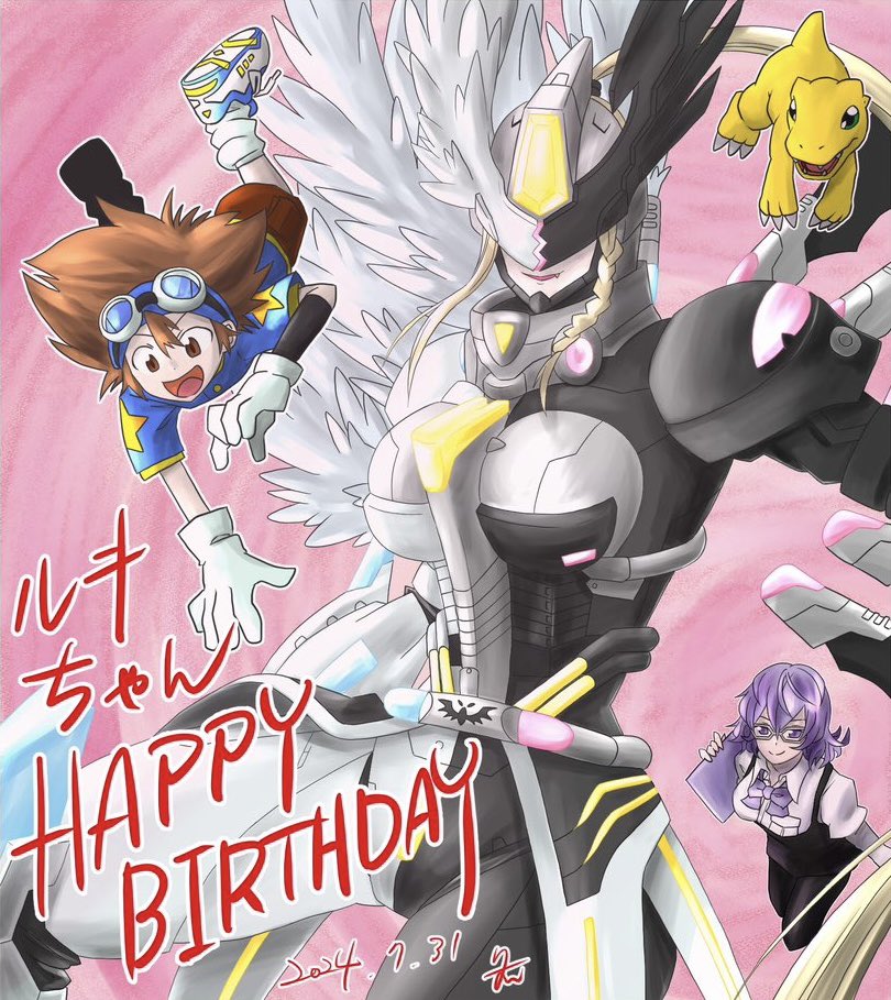 agumon armor covered_eyes digimon digimon_(creature) digimon_world_re:digitize fusion glasses long_hair mask mastemon mikagura_mirei purple_eyes purple_hair ribbon short_hair wings yagami_taichi