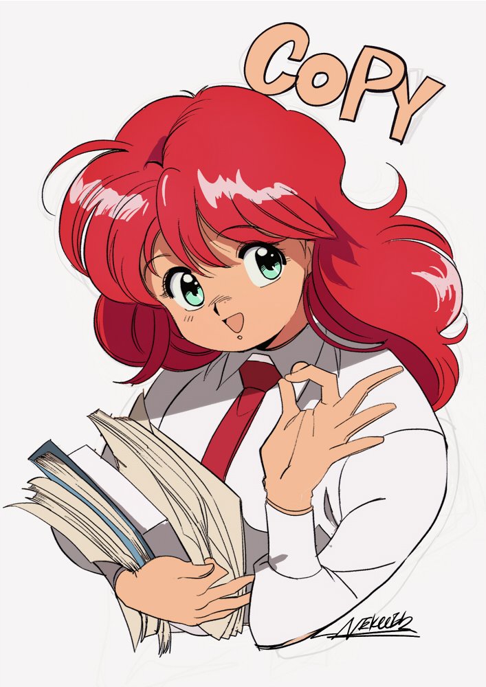 1990s_(style) 1girl bubblegum_crisis edoya_inuhachi green_eyes long_hair looking_at_viewer necktie nene_romanova official_style ok_sign open_mouth papers raised_eyebrow red_hair red_necktie retro_artstyle signature simple_background smile solo white_background