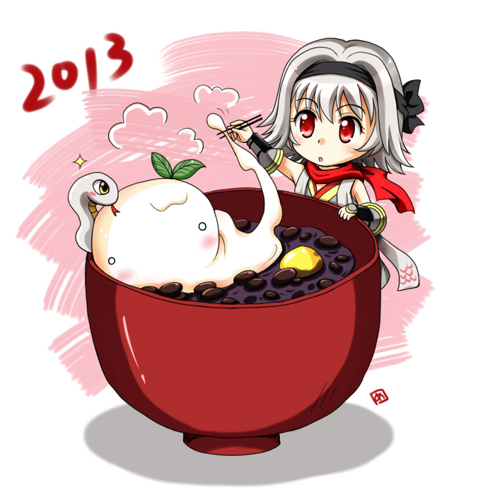 1girl 2013 black_hairband blush bowl commentary_request food grey_hair hairband meruya_(catcan) mochi ninja_(ragnarok_online) open_mouth oversized_food oversized_object ragnarok_online red_eyes red_scarf scarf short_hair snake solo upper_body vambraces zouni_soup