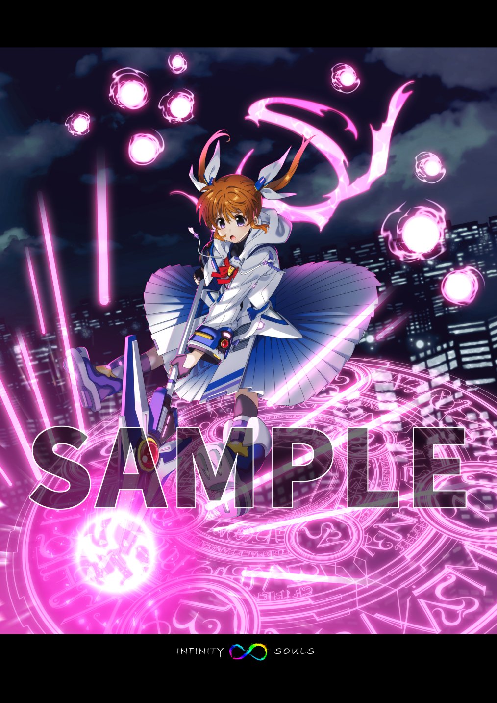aiming brown_hair circle_skirt city copyright_name energy_ball full_body highres holding holding_weapon hood hooded_jacket infinity_souls jacket kawakami_shuuichi lyrical_nanoha magic_circle magical_girl midair night night_sky official_alternate_costume official_art open_mouth pleated_skirt raising_heart sample_watermark short_twintails skirt sky solo takamachi_nanoha twintails watermark weapon