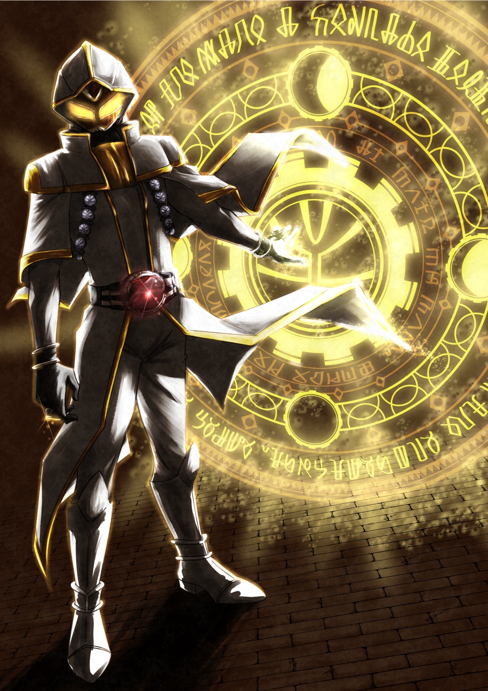 1boy armor belt cloak glowing highres hood jewelry kamen_rider kamen_rider_wizard_(series) magic_circle male_focus mask ojamu_(kotarou) ring solo the_white_wizard