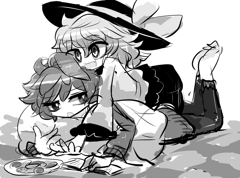 2girls :d blouse book bow cookie d: food full_body greyscale hair_between_eyes hat hat_bow heart heart-shaped_pupils hood hoodie jitome komeiji_koishi komeiji_satori lying lying_on_person messy_hair monochrome multiple_girls on_stomach open_book open_mouth pants pillow plate shirt short_hair siblings sisters skirt smile socks symbol-shaped_pupils touhou yt_(wai-tei)
