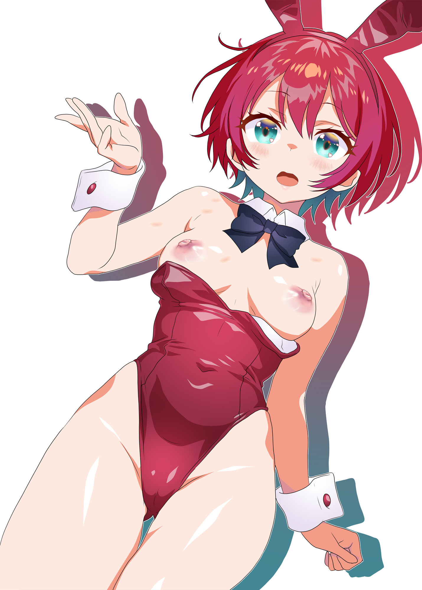 amate_yuzuriha aqua_eyes breasts gundam gundam_gquuuuuux hair_between_eyes leotard minazuki_noumu nipples red_hair shiny_skin short_hair solo