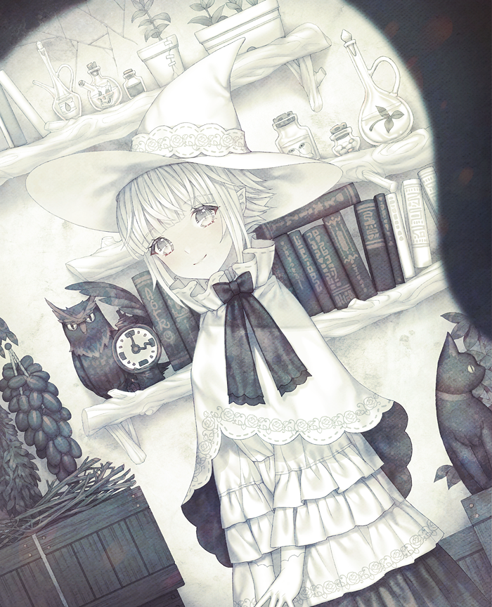 1girl animal animal_skull bird black_bow black_cat black_skirt blunt_bangs book bottle bow box branch broken capelet cat clock crack crate dress dutch_angle eyeball eyebrows female_focus floral_print flower_pot food frilled_sleeves frills gloves grey_eyes greyscale hat hat_ribbon indoors jar lace leaf liquid long_sleeves looking_at_viewer monochrome original owl plant pointy_ears potted_plant ribbon rose_print saban shelf shell short_dress short_hair skirt skull smile solo stitches tape white_dress white_gloves white_hair white_hat witch witch_hat wood