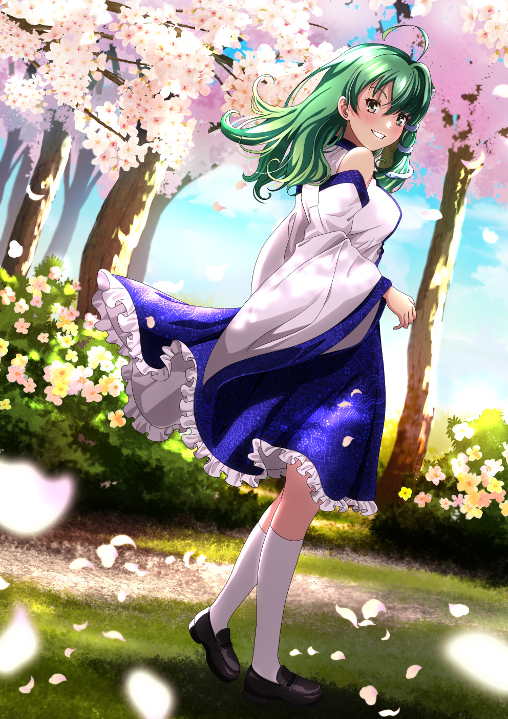 1girl ahoge black_shoes blue_skirt blush breasts bush cherry_blossoms collared_shirt comiket_105 day falling_petals flower frilled_skirt frills frog_hair_ornament full_body grass green_eyes green_hair grin hair_ornament highres kochiya_sanae loafers long_hair long_sleeves looking_at_viewer medium_breasts mountain_of_faith murasaki_tsutsuji outdoors petals shirt shoes skirt sleeveless sleeveless_shirt smile snake_hair_ornament solo touhou tree walking white_flower white_shirt white_sleeves wide_sleeves