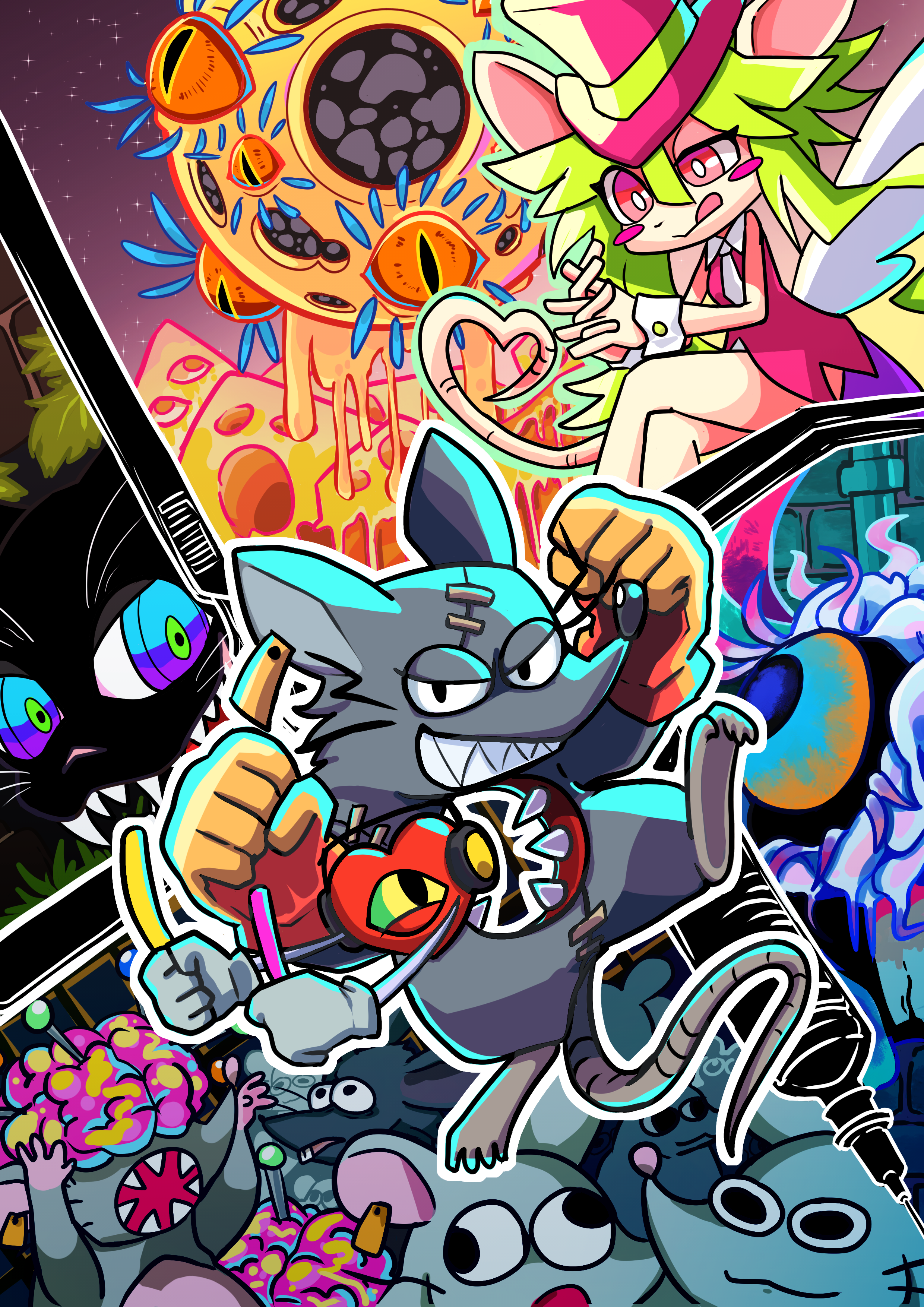 1girl 2boys absurdres animal_ears blue_eyes blush_stickers brain breasts cyclops ear_tag exposed_brain ghost_rat_(mad_rat_dead) gloves glowstick green_hair hat headphones heart heart_(mad_rat_dead) heart_tail highres hole_on_body hyeon leotard mad_rat mad_rat_dead mimolette_(mad_rat_dead) mob_rat_(mad_rat_dead) mouse_(animal) mouse_ears mouse_girl mouse_tail multiple_boys multiple_eyes nippon_ichi one-eyed rat_god red_eyes stitches tail the_cat_(mad_rat_dead) tie_clip top_hat wings wrist_cuffs