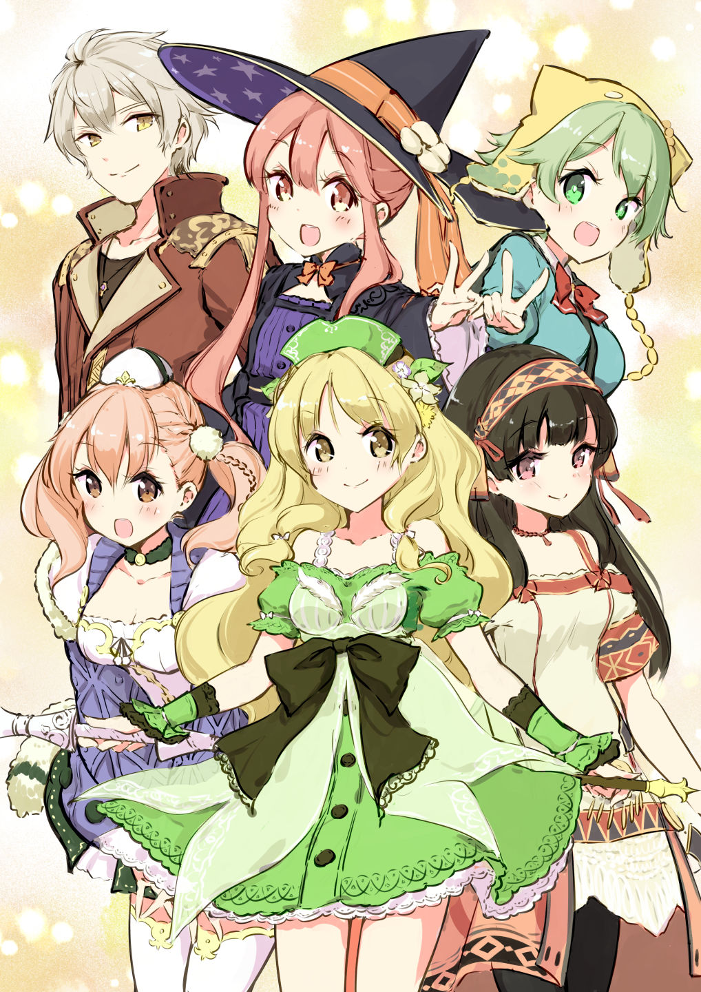 1boy 5girls :d atelier_(series) atelier_ayesha atelier_escha_&amp;_logy atelier_shallie ayesha_altugle bare_shoulders black_hat blonde_hair blue_shirt bow bracelet braid breasts brown_eyes brown_hair choker cleavage closed_mouth cowboy_shot dress escha_malier flower green_dress green_eyes green_hair green_skirt hair_flower hair_ornament hairband hat high_collar highres in-franchise_crossover jacket jewelry logix_ficsario long_hair looking_at_viewer minidraco multiple_girls off-shoulder_dress off_shoulder open_mouth pink_hair pom_pom_(clothes) pom_pom_hair_ornament print_headwear purple_eyes red_jacket shallistera_(atelier) shallotte_elminus shirt short_hair sidelocks skirt small_breasts smile standing star_(symbol) star_print twintails v waist_bow white_dress wilbell_voll-ersleid witch_hat wrist_cuffs yellow_eyes