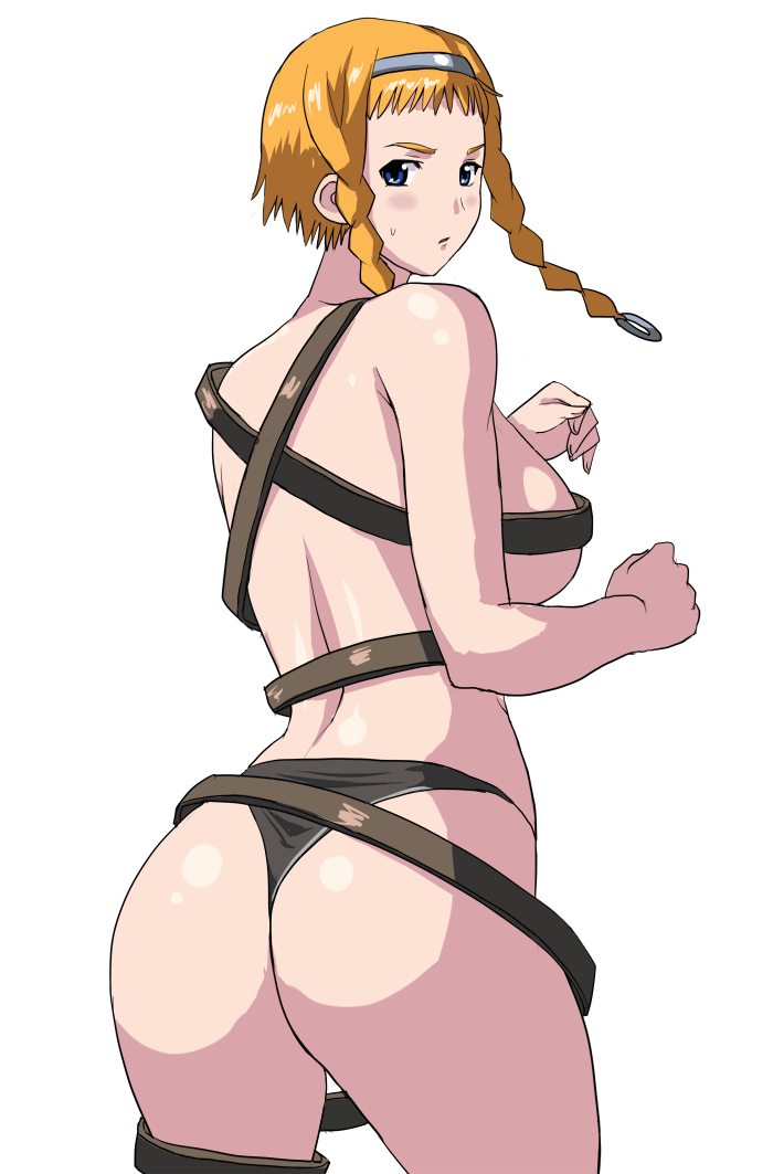 1girl 78_(tky8) ass ass_focus back bare_arms bare_shoulders belt braid breasts covered_erect_nipples curvy embarrassed hairband huge_ass large_breasts leina_(queen&#039;s_blade) looking_at_viewer looking_back medium_hair panties queen&#039;s_blade shiny_skin simple_background skindentation solo thong twin_braids twintails underwear white_background wide_hips