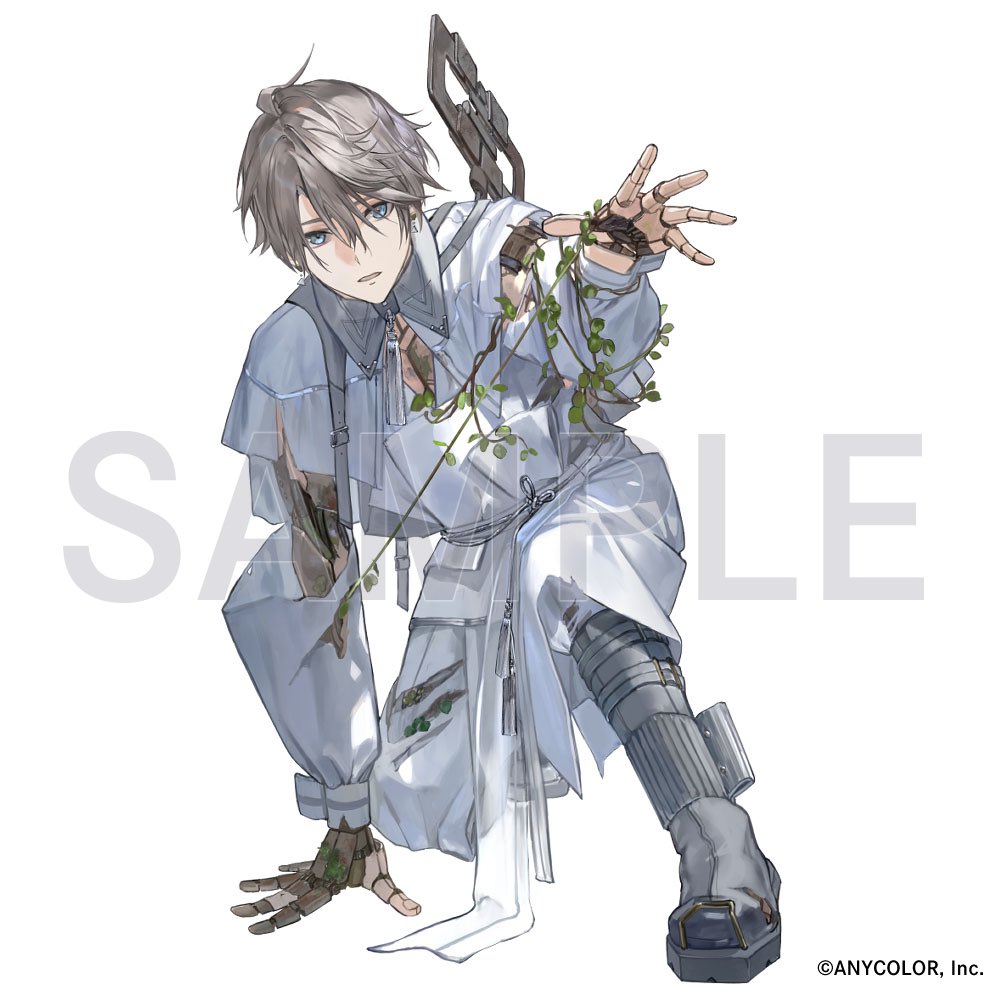 1boy android arm_support blue_eyes boots brown_hair capelet collar copyright_notice grey_boots hair_between_eyes hand_on_ground hataya ivy jacket joints kaida_haru long_sleeves looking_at_viewer male_focus nijisanji official_art on_one_knee overgrown pants parted_lips plant reaching reaching_towards_viewer robot_joints shirt short_hair simple_background solo torn_clothes torn_sleeves vines virtual_youtuber white_background white_capelet white_collar white_jacket white_pants white_shirt winding_key