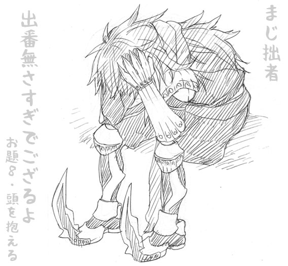 1boy armor armored_boots assassin_cross_(ragnarok_online) bad_id boots commentary_request eremes_guile full_body greyscale hands_on_own_head lala_(sputnik) long_hair male_focus monochrome pants pauldrons ragnarok_online scarf shirt shoulder_armor simple_background sitting solo translation_request