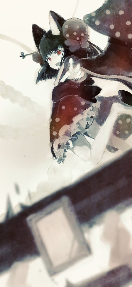 1girl animal_ears bad_id bad_twitter_id black_hair bow cat_ears chihedo_musubi frills hair_bow japanese_clothes jumping kimono looking_at_viewer medium_hair pale_skin polka_dot red_eyes red_kimono sakusakusalmon2 smile solo torii towelket_wo_mou_ichido