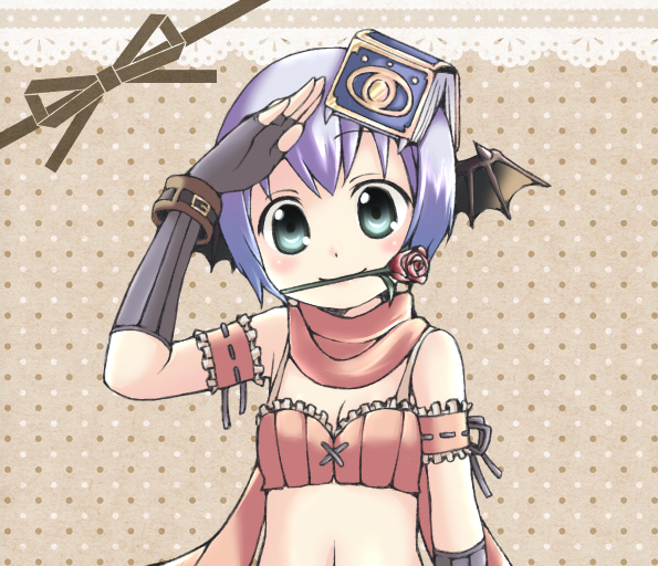 1girl alternate_color armband black_gloves blush book book_on_head breasts brown_background cleavage closed_mouth commentary_request fingerless_gloves flower flower_in_mouth gloves green_eyes looking_at_viewer navel object_on_head pink_flower pink_rose pink_scarf pink_tube_top porinu purple_hair ragnarok_online ranger_(ragnarok_online) rideword_(ragnarok_online) rose salute scarf short_hair small_breasts smile solo strapless tube_top upper_body