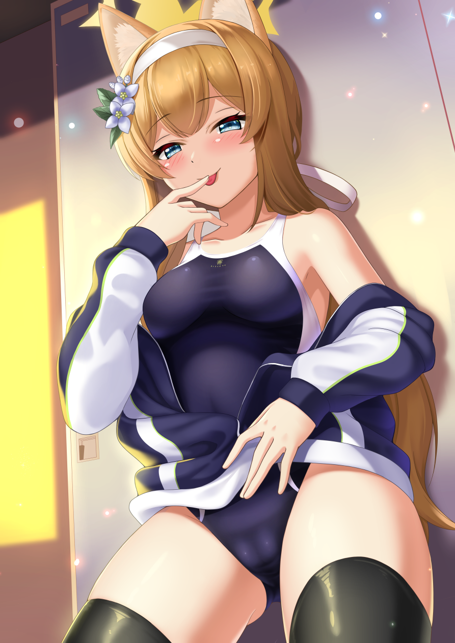 1girl animal_ear_fluff animal_ears bare_shoulders black_thighhighs blue_archive blue_eyes blue_jacket blue_one-piece_swimsuit blush breasts cameltoe cat_ears flower hair_flower hair_ornament hairband halo highres jacket long_hair long_sleeves looking_at_viewer low_ponytail mari_(blue_archive) mari_(track)_(blue_archive) off_shoulder one-piece_swimsuit orange_hair ponytail shibata_rai sidelocks small_breasts smile solo swimsuit swimsuit_under_clothes thighhighs thighs tongue tongue_out track_jacket