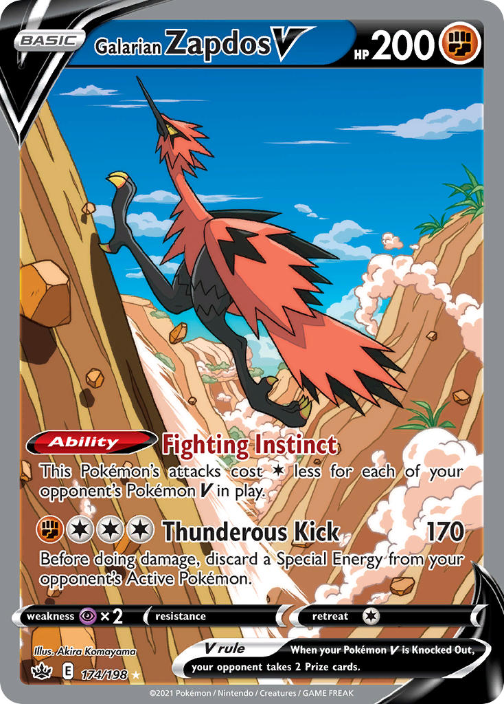 animal_focus artist_name bird blue_sky card_(medium) character_name closed_mouth cloud company_name copyright_name copyright_notice day dust english_text full_body galarian_form galarian_zapdos gen_8_pokemon grass komayama_akira legendary_pokemon nintendo no_humans official_art outdoors pokemon pokemon_(creature) pokemon_card pokemon_focus pokemon_tcg rock running sky solo talons third-party_source trading_card v-shaped_eyes