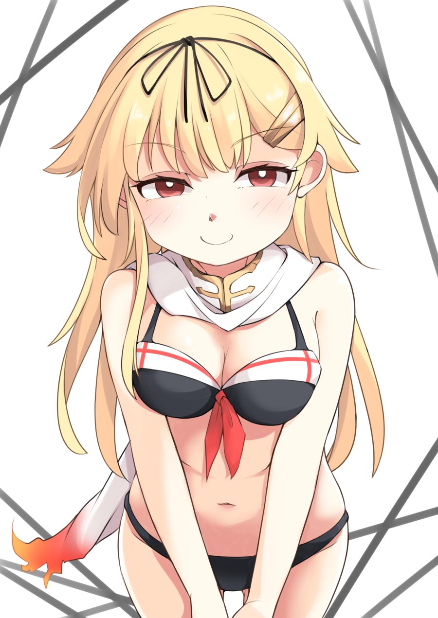 1girl bikini black_bikini blonde_hair breasts cleavage hair_flaps hair_ribbon highres kantai_collection leaning_forward long_hair looking_at_viewer medium_breasts okitarou_(okiyo) red_eyes ribbon scarf solo swimsuit white_background white_scarf yuudachi_(kancolle) yuudachi_kai_ni_(kancolle) yuudachi_kai_ni_(swimsuit)_(kancolle)
