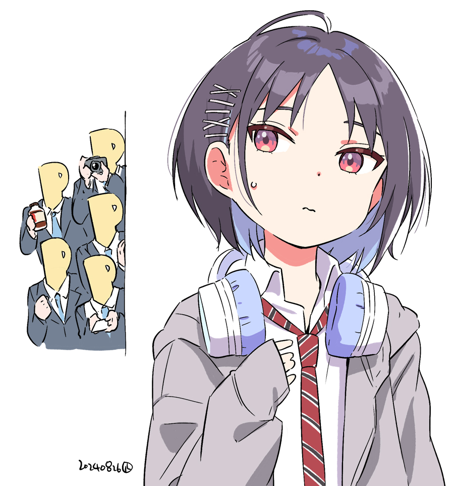1girl 5boys ahoge black_hair black_jacket blue_necktie bottle camera card clenched_hand closed_mouth commentary_request gakuen_idolmaster grey_jacket hair_ornament hairclip headphones headphones_around_neck holding holding_bottle holding_camera holding_card hood hooded_jacket idolmaster jacket long_sleeves mashiro_yu multiple_boys nagian necktie p-head_producer producer_(idolmaster) red_eyes red_necktie school_uniform shirt short_hair sidelocks sideways_glance sleeves_past_wrists striped_necktie sweat upper_body wavy_mouth white_background white_shirt