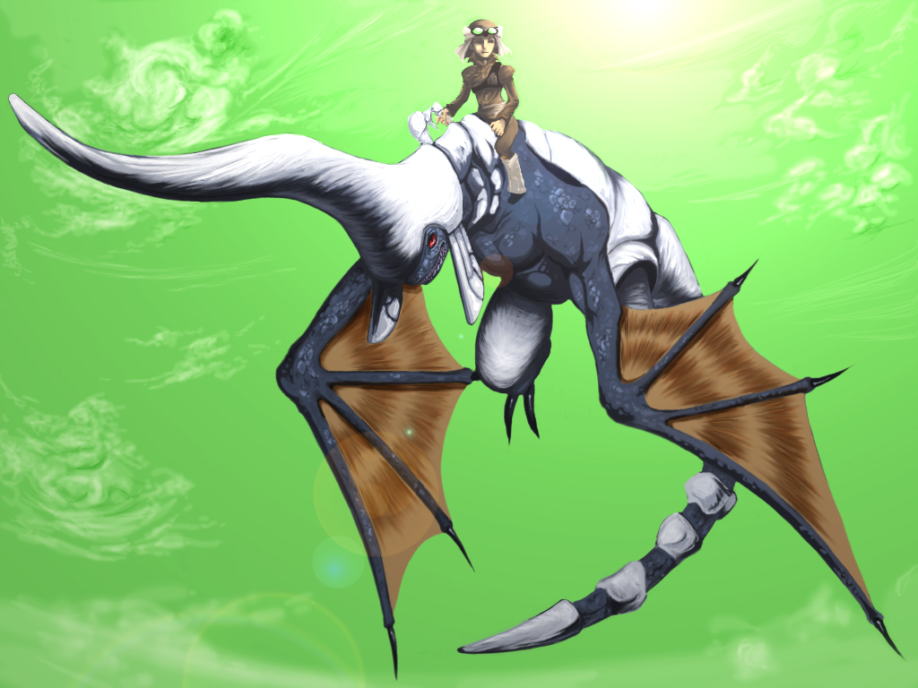 bad_id bad_pixiv_id cloud cloudy_sky dragon dragon_tail flying goggles goggles_on_head horns keil_fluge lens_flare panzer_dragoon red_eyes riding single_horn sky tail wings