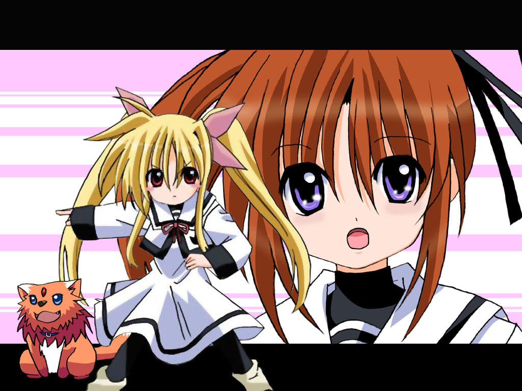 00s 2girls arf blonde_hair blue_eyes blush blush_stickers brown_hair collar dog dress familiar fang fate_testarossa hair_ribbon hand_on_own_hip letterboxed long_hair lyrical_nanoha mahou_shoujo_lyrical_nanoha multiple_girls open_mouth outstretched_arm pantyhose pepeta_(sabamiso_kissa) red_eyes ribbon school_uniform takamachi_nanoha twintails very_long_hair