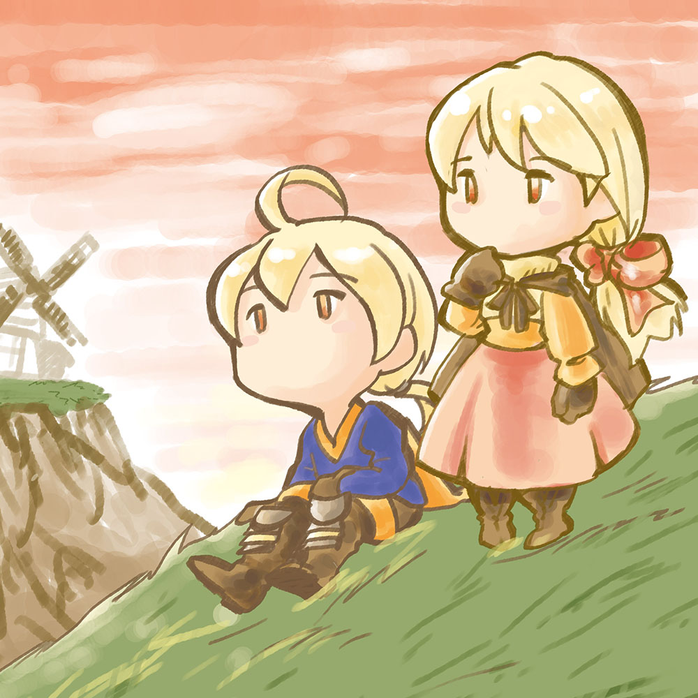 1boy 1girl ahoge alma_beoulve ayayan blonde_hair boots bow brown_eyes brown_footwear building cape chibi field final_fantasy final_fantasy_tactics full_body gloves grass hair_bow knee_boots long_hair long_sleeves looking_afar orange_sky outdoors pink_skirt plant ramza_beoulve red_bow short_hair skirt sky standing very_long_hair windmill