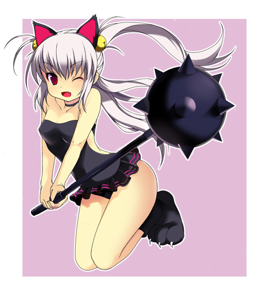1girl animal_ears bell cat_ears fang female_focus golf_club kooh kyoku_tou long_hair mace miniskirt one-piece_swimsuit one_eye_closed open_mouth pangya red_eyes simple_background skirt solo spiked_mace spikes swimsuit weapon white_hair wink