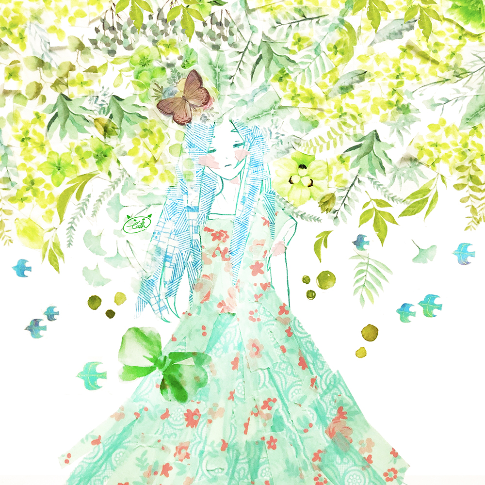 1girl abstract arms_behind_back bird blue_hair blush bow bug butterfly cathinthecloud closed_eyes closed_mouth commentary dot_nose dress english_commentary facing_viewer feet_out_of_frame foliage green_bow green_dress green_theme insect leaf light_frown long_dress long_hair long_sidelocks masking_tape_(medium) mixed_media original parted_bangs plant short_sleeves sidelocks signature solo straight-on traditional_media unconventional_media