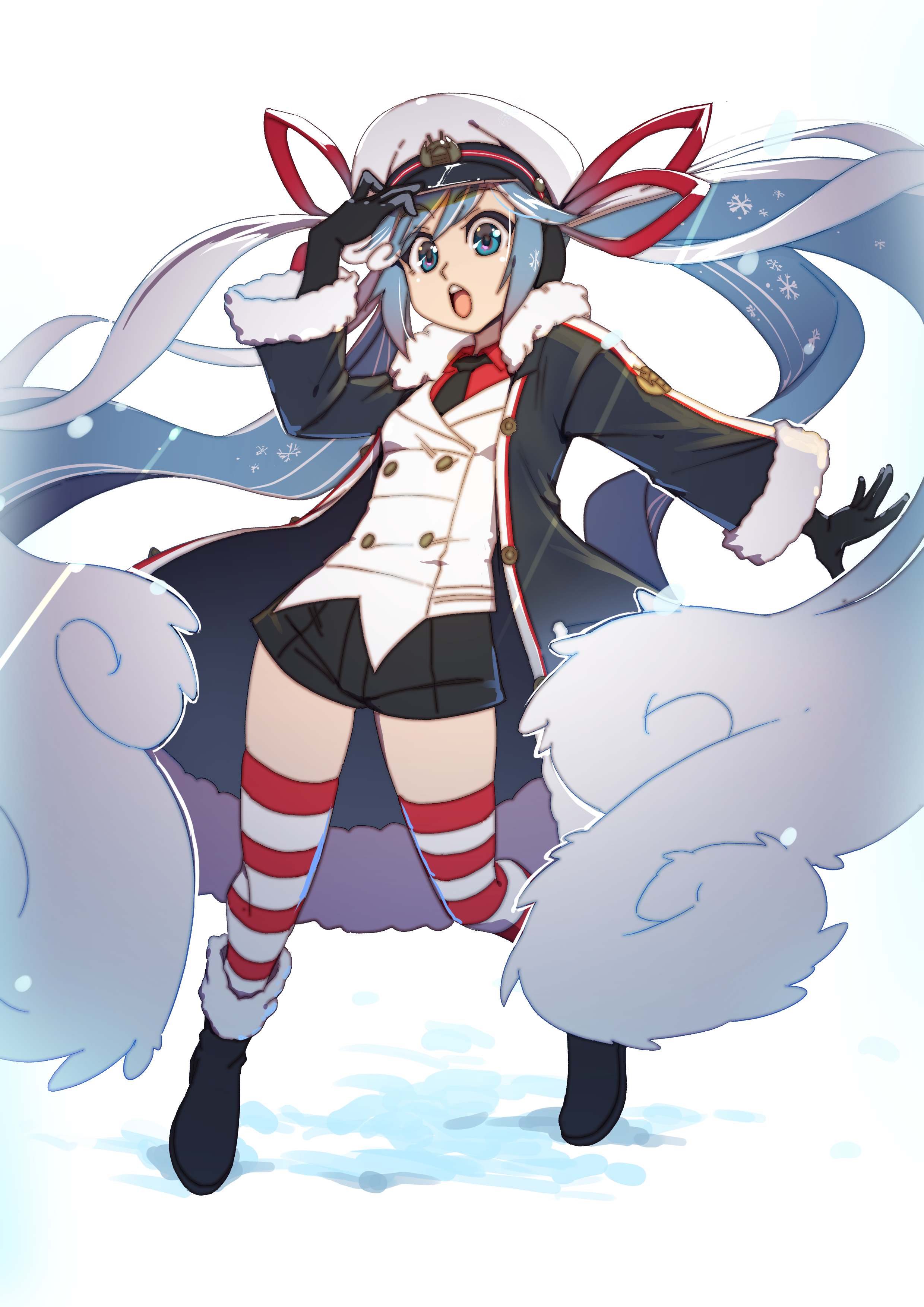 1girl :o absurdres aqua_eyes black_coat black_necktie black_shorts blue_hair boots buttons coat commentary double-breasted english_commentary full_body fur-trimmed_boots fur-trimmed_coat fur_trim hair_ribbon hand_on_headwear hat hatsune_miku highres jacket long_hair looking_at_viewer military_uniform naval_uniform necktie open_mouth outstretched_arm peaked_cap red_ribbon red_thighhighs ribbon riza23 sailor_hat shorts snow solo striped_clothes striped_thighhighs thighhighs tiptoes very_long_hair vocaloid wavy_hair white_hair white_hat white_jacket white_thighhighs yuki_miku yuki_miku_(2022)