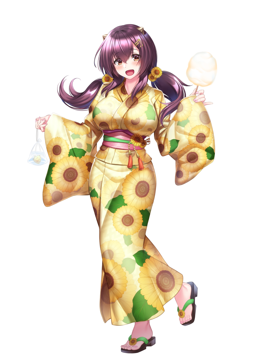 1girl :d asane_ken azur_lane barefoot_sandals_(jewelry) breasts cotton_candy floral_print food full_body hair_between_eyes hair_ornament hairclip hand_up highres holding holding_cotton_candy holding_food horns japanese_clothes kimono large_breasts long_sleeves looking_at_viewer low_twintails manjuu_(azur_lane) nagara_(azur_lane) nail_polish open_mouth purple_hair simple_background smile solo standing standing_on_one_leg sunflower_print tassel toenail_polish toenails twintails white_background wide_sleeves yellow_kimono yukata