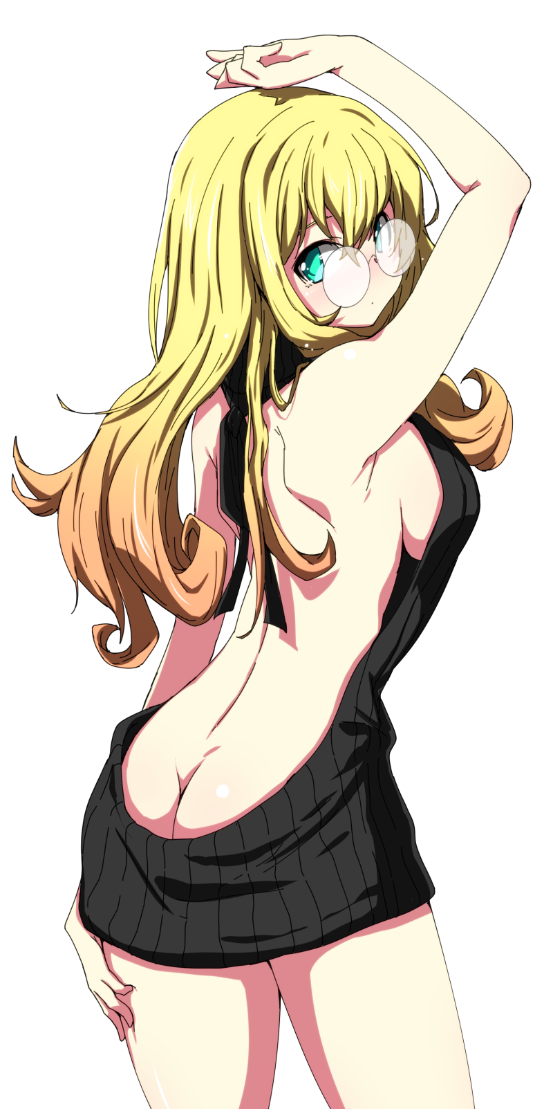 1girl aqua_eyes arm_at_side arm_up ass backless_dress backless_outfit bare_arms bare_back bare_shoulders black_sweater blazblue blazblue_phase_0 blonde_hair breasts butt_crack cowboy_shot deep_skin dress female_focus from_behind glasses gradient_hair hair_between_eyes halterneck hand_on_own_thigh highres kaname_nagi long_hair looking_at_viewer looking_back medium_breasts meme_attire multicolored_hair naked_sweater orange_hair ribbed_sweater rimless_eyewear sideboob sideways_glance simple_background solo sweater sweater_dress trinity_glassfield virgin_killer_sweater white_background