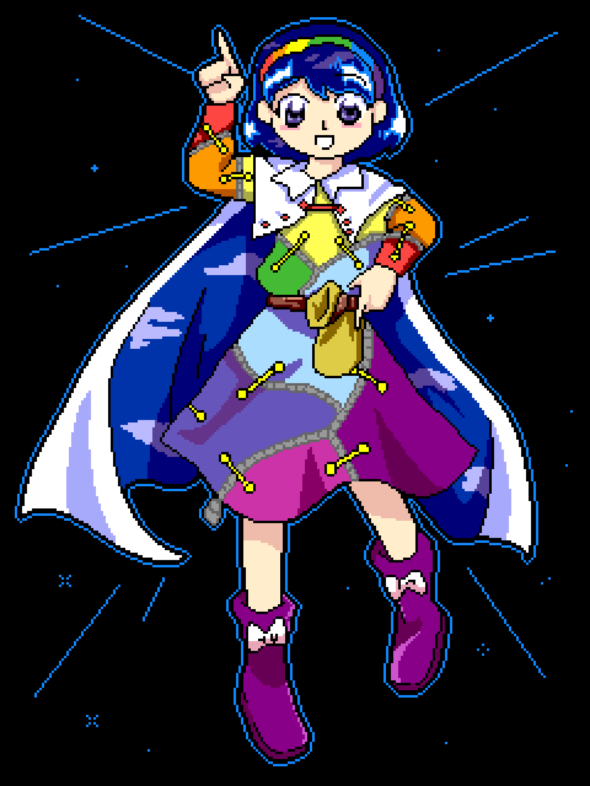 1girl bad_id bad_twitter_id belt black_background blue_cape blue_hair blue_outline blush_stickers boots bow brown_belt cape cloud_print collared_cape commentary commentary_request dress english_commentary footwear_bow full_body glowing hairband hand_on_own_hip highres long_sleeves looking_at_viewer luo_qiangwei medium_dress multicolored_dress multicolored_hairband open_mouth outline parody patchwork_clothes pixel_art pointing pointing_up purple_boots purple_eyes rainbow_gradient sack short_hair sky_print smile solo sparkle style_parody tenkyuu_chimata touhou touhou_(pc-98) two-sided_cape two-sided_fabric white_bow white_cape