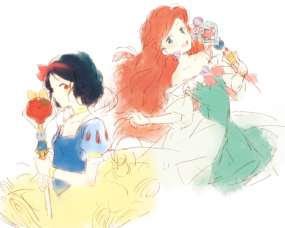 2girls ariel_(disney) black_hair bow disney_princess dress hair_bow hakusai_(tiahszld) holding long_hair looking_at_viewer magical_girl multiple_girls open_mouth puffy_short_sleeves puffy_sleeves red_bow short_hair short_sleeves smile snow_white_(disney) snow_white_and_the_seven_dwarfs_(disney) the_little_mermaid_(disney)