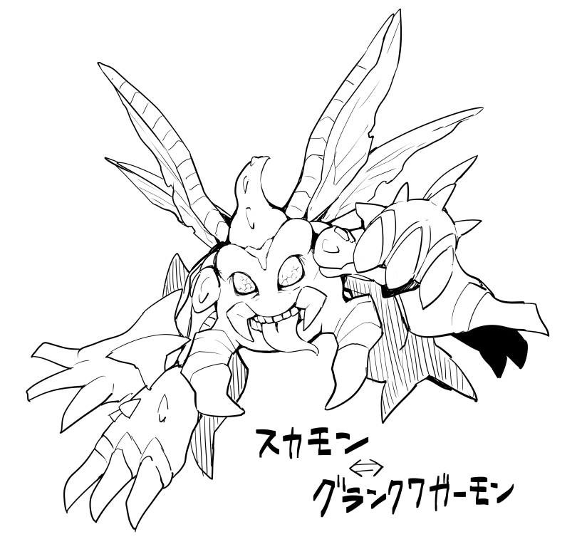 digimon digimon_(creature) fusion grankuwagamon monochrome oridigi original pincers scumon simple_background solo white_background wings