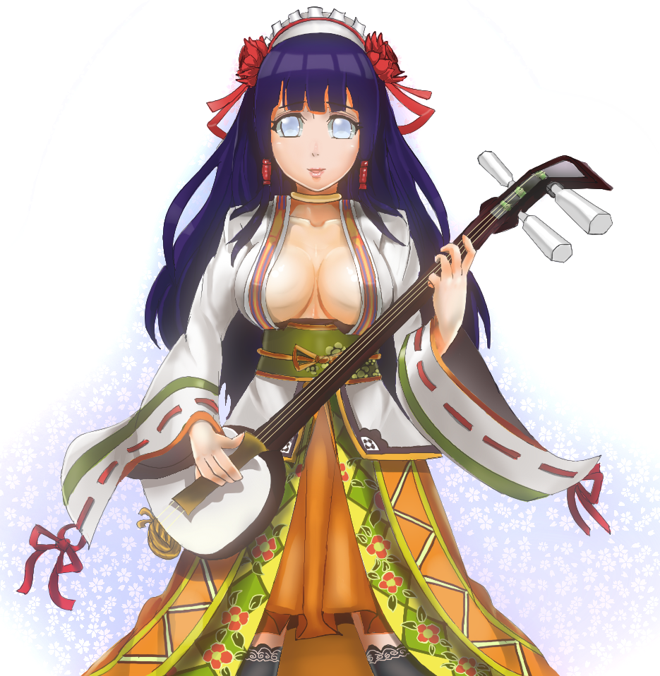 1girl breasts female_focus hyuuga_hinata instrument large_breasts naruto naruto_(series) purple_hair sakuama shamisen solo
