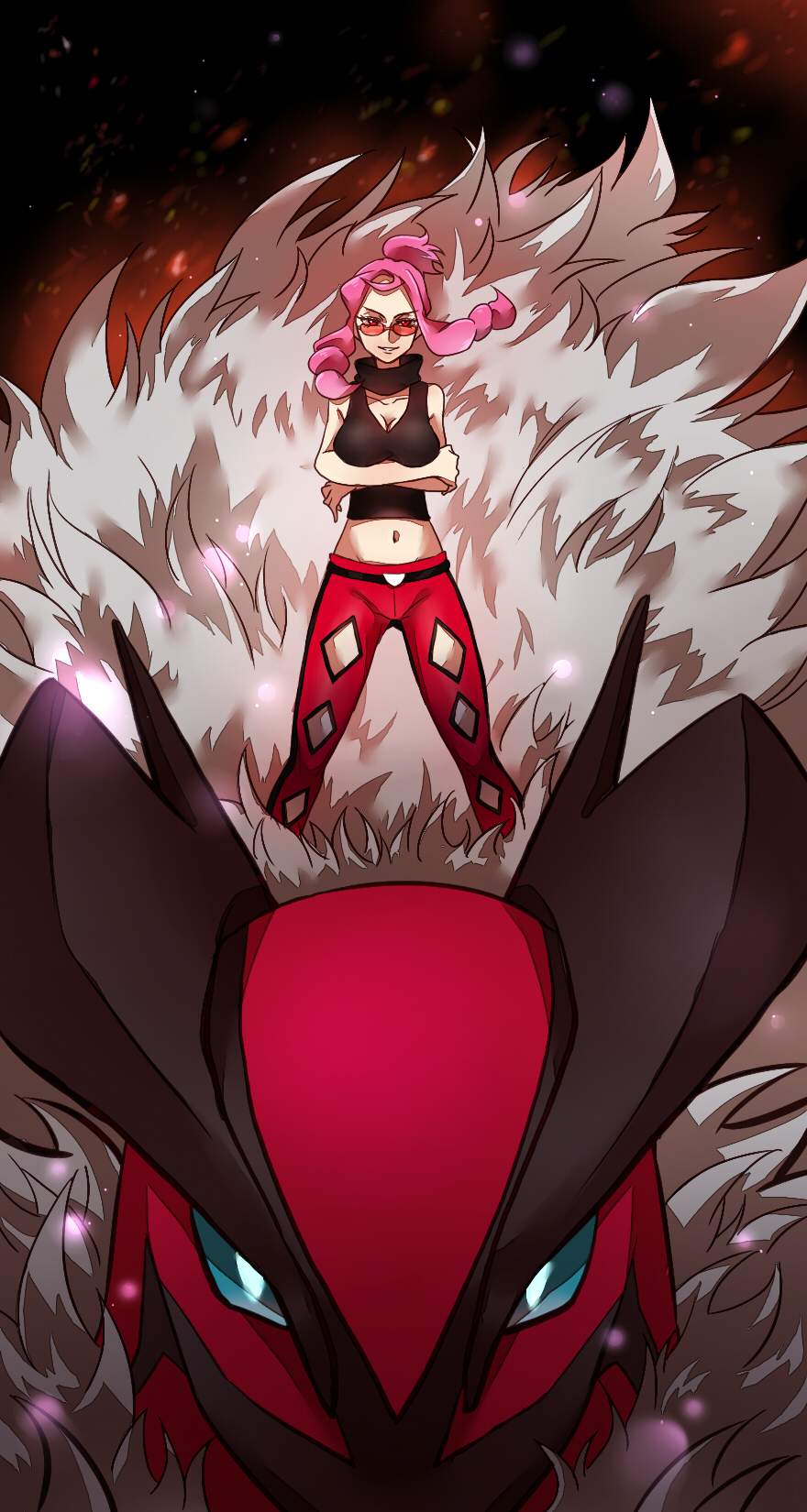 1girl black_shirt breasts cleavage commentary_request cropped_shirt eyelashes floating_hair gen_6_pokemon grin highres ivory_(25680nico) legendary_pokemon legs_apart malva_(pokemon) navel nintendo pants pink_hair pokemon pokemon_(creature) pokemon_adventures pokemon_xy ponytail red_eyes red_pants riding riding_pokemon scarf shirt short_ponytail sidelocks sleeveless sleeveless_shirt smile standing sunglasses teeth yveltal