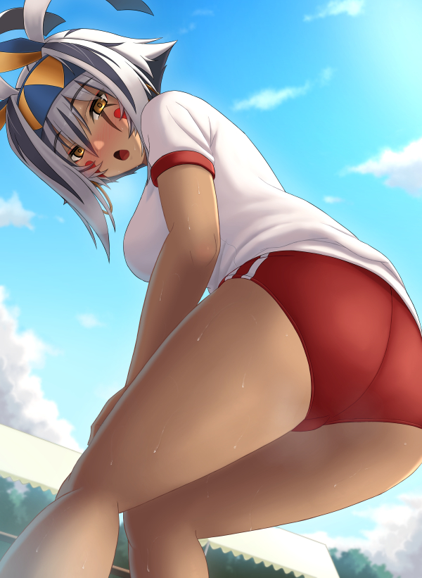 1girl animal_ears antenna_hair ass bent_over black_hair blush breasts buruma chuppa_(katotsuba) colored_inner_hair dark-skinned_female dark_skin earrings facepaint facial_mark fate/grand_order fate_(series) gym_shirt gym_uniform hairband hoop_earrings jackal_ears jewelry looking_at_viewer looking_back medium_breasts multicolored_hair nitocris_(fate) nitocris_alter_(fate) open_mouth red_buruma shirt short_hair short_sleeves sidelocks solo streaked_hair thighs white_hair white_shirt yellow_eyes