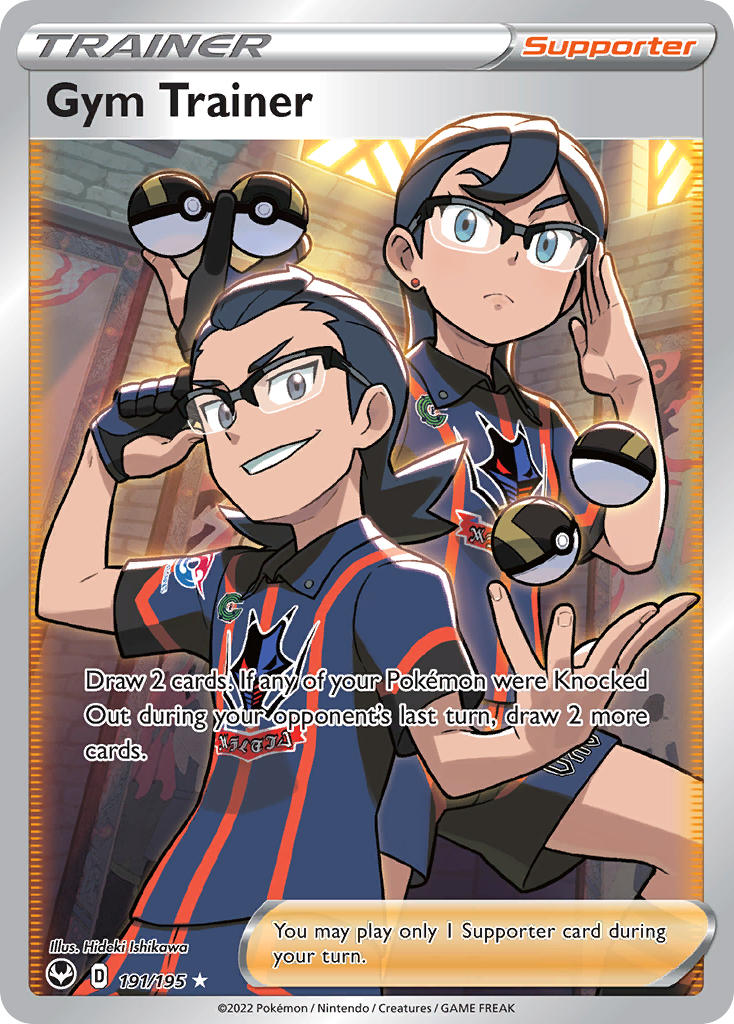 1boy 1girl adjusting_eyewear artist_name black_eyes black_gloves black_hair blue_eyes blue_shirt blue_shorts card_(medium) character_name closed_mouth collared_shirt company_name copyright_name copyright_notice earrings english_text eyelashes glasses gloves gym_trainer_(pokemon) holding holding_poke_ball indoors ishikawa_hideki jewelry long_hair matching_outfits medium_hair nintendo official_art partially_fingerless_gloves poke_ball pokemon pokemon_card pokemon_swsh pokemon_tcg shirt short_sleeves shorts single_glove smile third-party_source trading_card ultra_ball