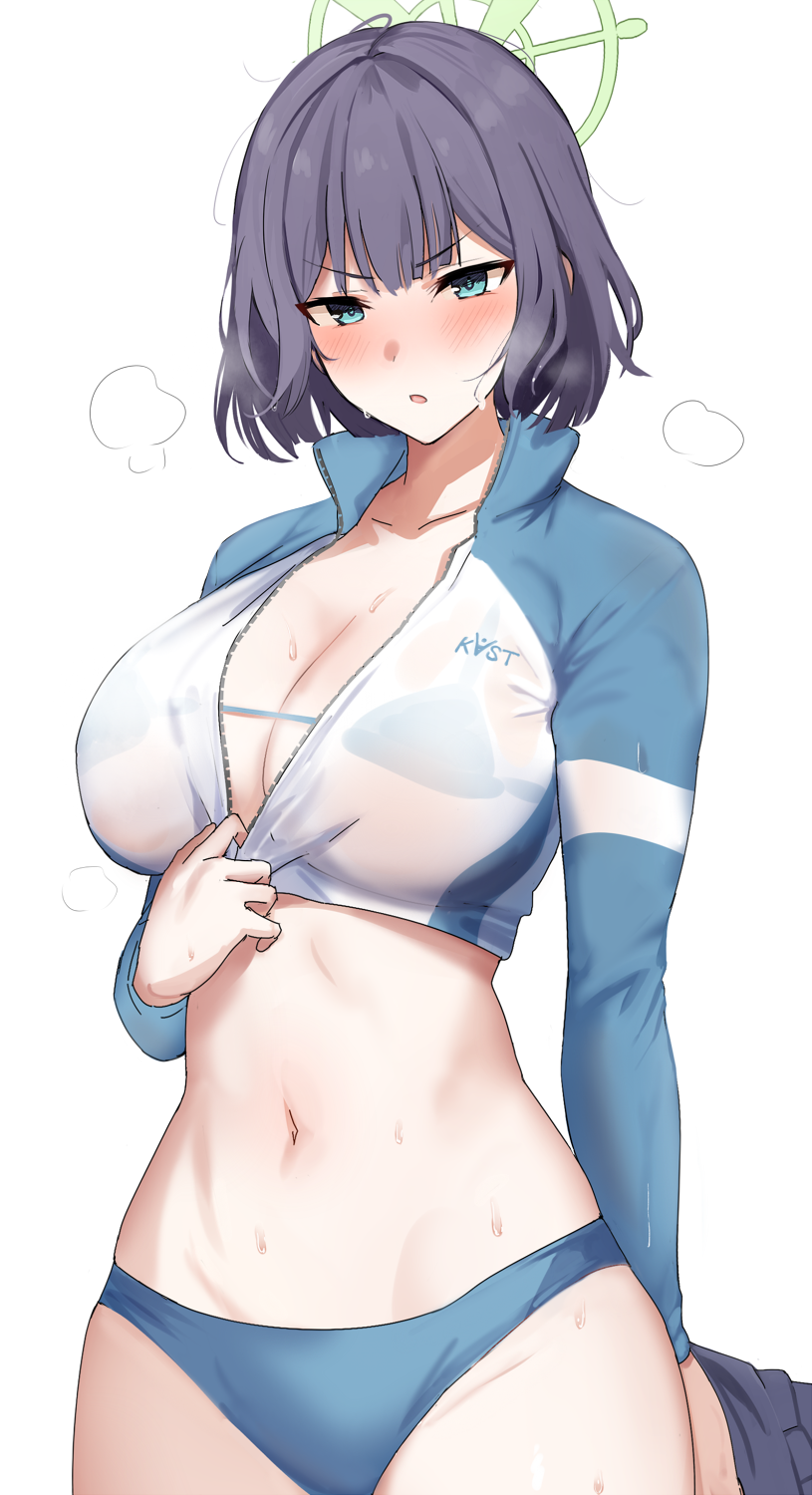 1girl aqua_eyes bikini blue_archive blue_bikini blue_jacket blush breasts cleavage collarbone cropped_jacket grey_hair halo highres jacket large_breasts long_sleeves looking_at_viewer mobu multicolored_jacket navel official_alternate_costume open_mouth raglan_sleeves rash_guard saki_(blue_archive) saki_(swimsuit)_(blue_archive) short_hair sidelocks solo swimsuit two-tone_jacket wet white_jacket