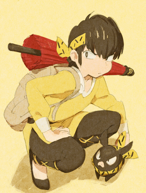 1boy animal backpack bag black_footwear black_hair black_pants frown hibiki_ryouga male_focus mitosa oil-paper_umbrella p-chan pants pig ranma_1/2 short_hair simple_background solo squatting tan_background umbrella
