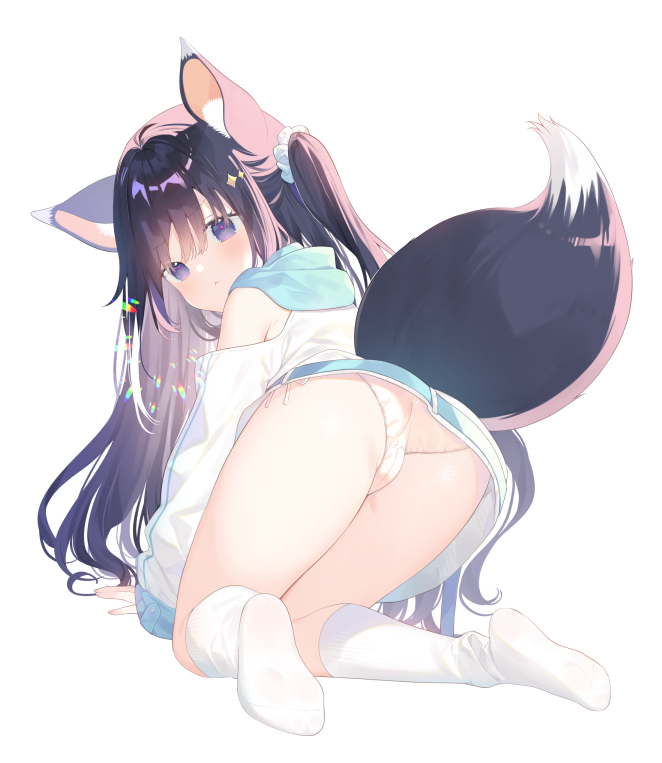 1girl :&lt; all_fours animal_ear_fluff animal_ears ass black_hair blush cameltoe closed_mouth clothing_cutout fox_ears fox_girl fox_tail hair_between_eyes hood hood_down hooded_jacket jacket kneehighs long_hair long_sleeves looking_at_viewer looking_back no_shoes one_side_up original panties puffy_long_sleeves puffy_sleeves purple_eyes shoulder_cutout side-tie_panties simple_background sleeves_past_wrists socks soles solo tail underwear very_long_hair white_background white_jacket white_panties white_socks yuizaki_kazuya