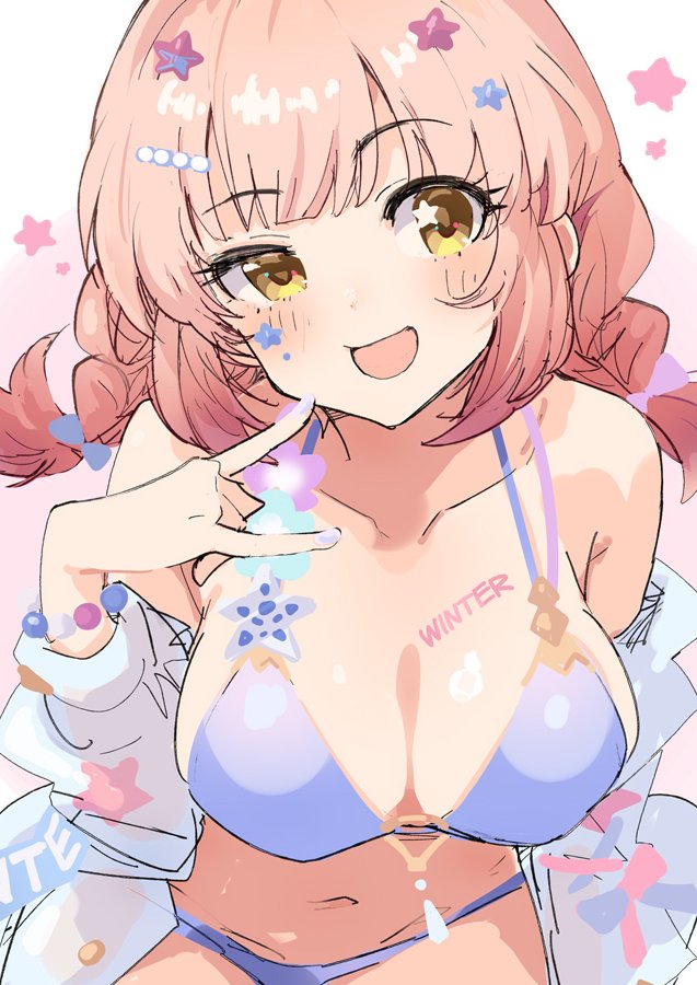 1girl :d \n/ bare_shoulders bikini blush body_writing braid breasts chieru_(princess_connect!) chieru_(winter)_(princess_connect!) cleavage collarbone commentary cowboy_shot hair_ornament ito_ryo jacket large_breasts leaning_forward long_hair long_sleeves looking_at_viewer multi-strapped_bikini_top navel off_shoulder official_alternate_costume open_mouth pink_background pink_hair princess_connect! purple_bikini raised_eyebrow sidelocks smile solo star_(symbol) star_hair_ornament star_in_eye stomach swimsuit symbol_in_eye twin_braids uneven_eyes white_jacket yellow_eyes