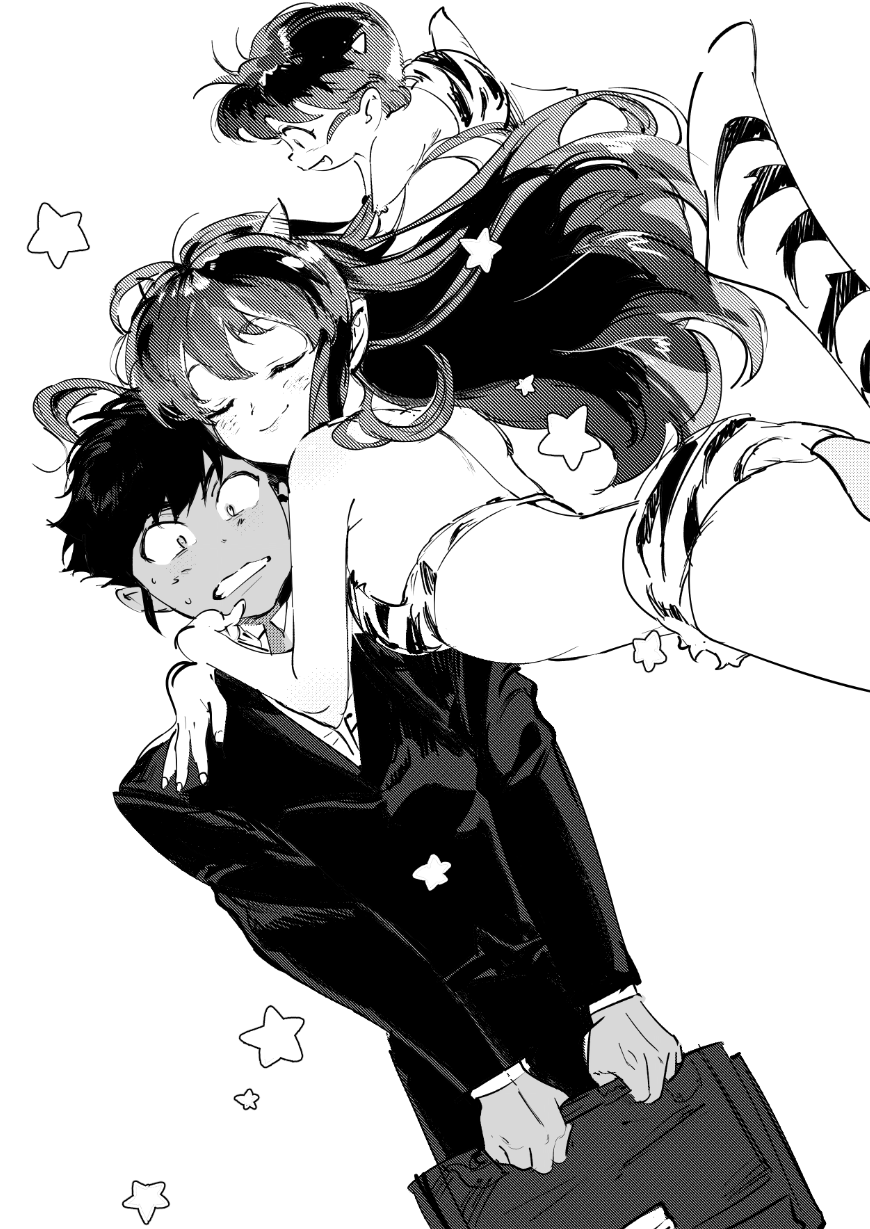 1girl 2boys atie1225 baby bag bra closed_eyes commentary dutch_angle floating floating_hair gakuran greyscale highres holding holding_bag hug long_hair lum monochrome moroboshi_ataru multiple_boys panties school_bag school_uniform shirt short_hair sidelocks smile star_(symbol) symbol-only_commentary ten_(urusei_yatsura) underwear urusei_yatsura