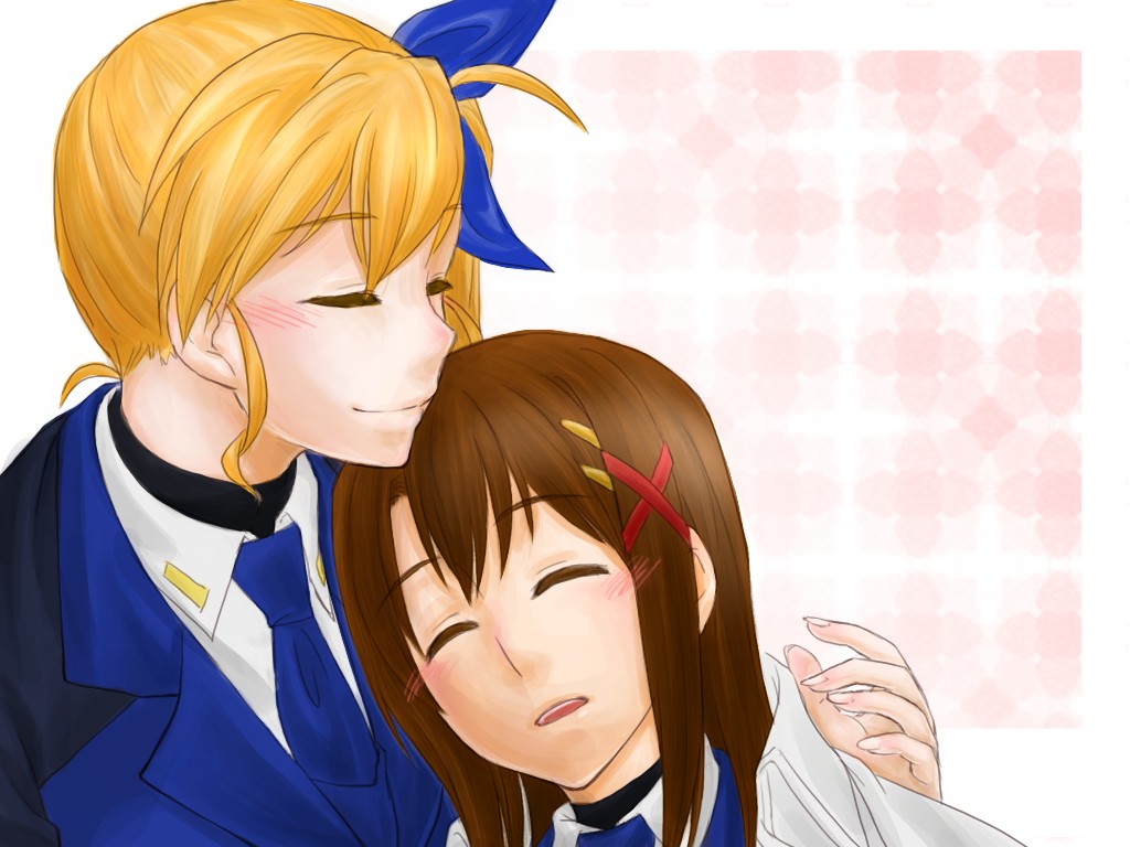 00s 2girls aged_up bad_id bad_pixiv_id blonde_hair brown_hair closed_eyes irapeah long_hair lyrical_nanoha mahou_shoujo_lyrical_nanoha_strikers military military_uniform multiple_girls side_ponytail sleeping very_long_hair vivio yagami_hayate yuri