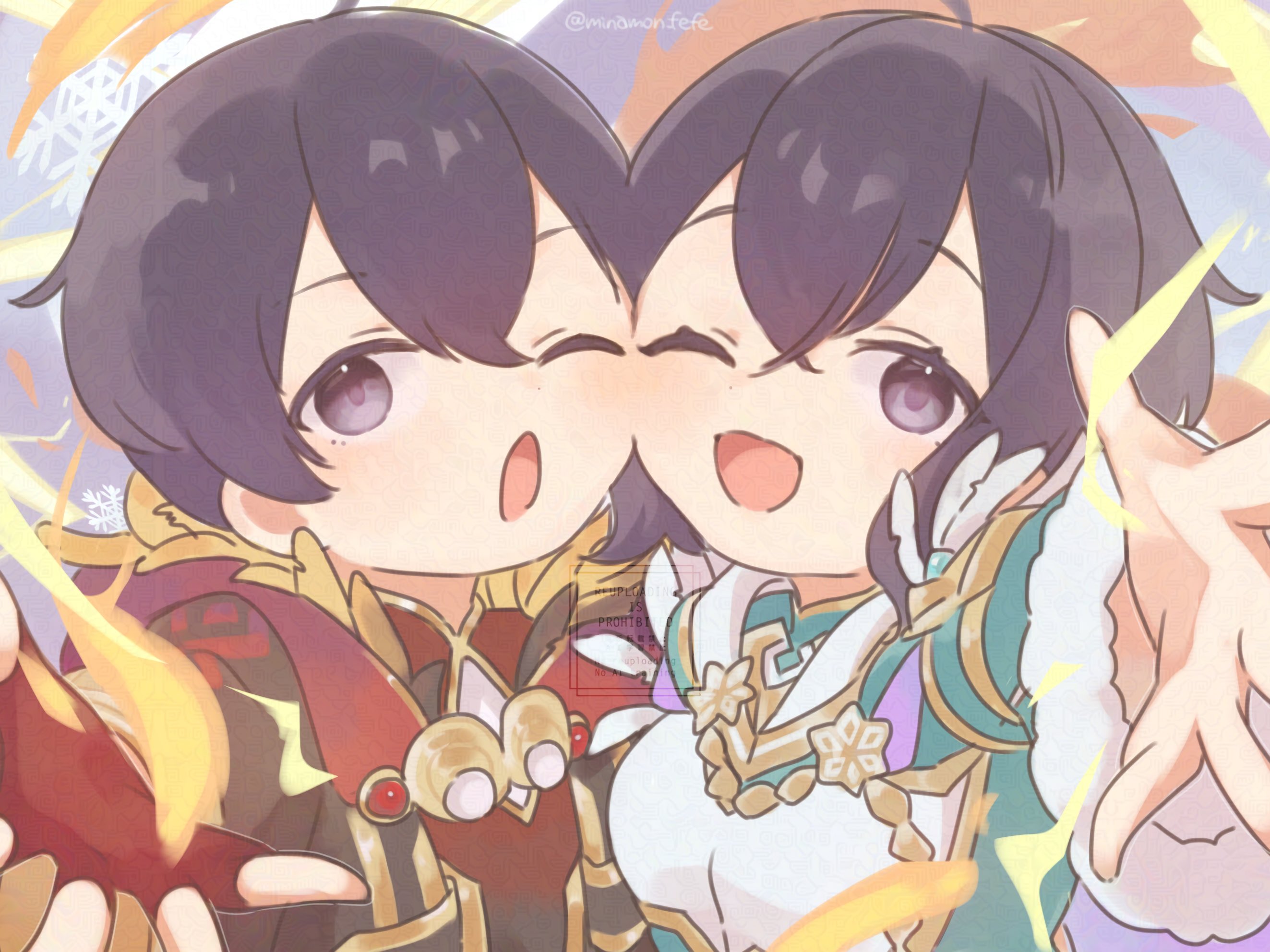 1boy 1girl black_hair cheek-to-cheek dual_persona feather_trim fingerless_gloves fire_emblem fire_emblem_awakening fire_emblem_heroes fur-trimmed_sleeves fur_trim gloves heads_together highres morgan_(female)_(fire_emblem) morgan_(female)_(resplendent)_(fire_emblem) morgan_(fire_emblem) morgan_(male)_(fire_emblem) morgan_(male)_(resplendent)_(fire_emblem) nintendo official_alternate_costume one_eye_closed open_mouth purple_eyes reaching reaching_towards_viewer signature smile sorane_amus
