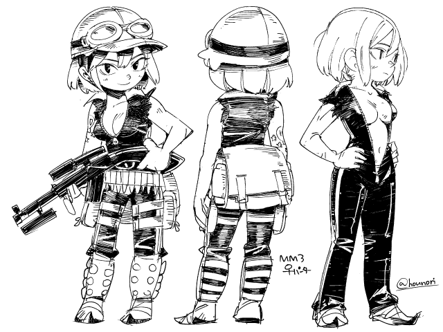 1girl arm_tattoo artist_name breasts cleavage closed_mouth dated full_body goggles greyscale gun helmet hounori hunter_(metal_max) looking_at_viewer medium_breasts metal_max metal_max_3 monochrome short_hair simple_background smile solo tattoo weapon white_background