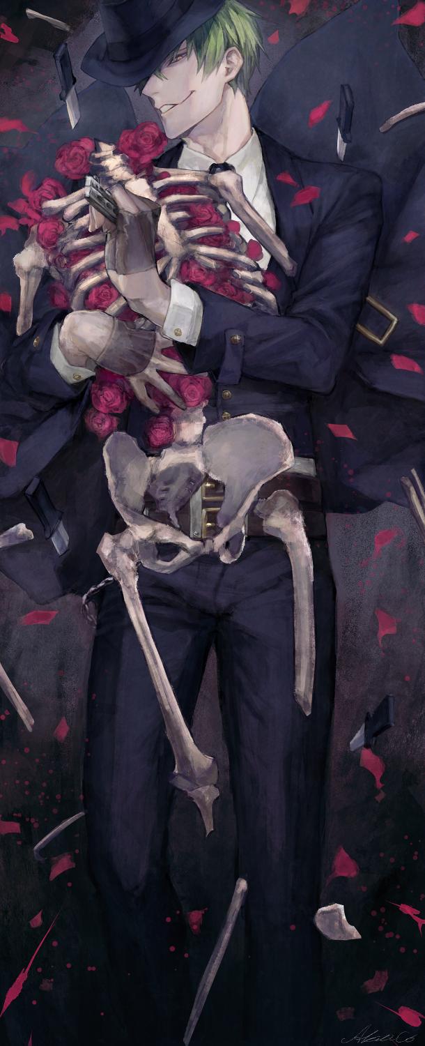 1boy akilico balisong blazblue death closed_eyes fedora fingerless_gloves flower formal_clothes gloves green_hair hat hazama highres knife male_focus necktie one_eye_closed petals rose rose_petals short_hair skeleton smile solo weapon yellow_eyes yuuki_terumi