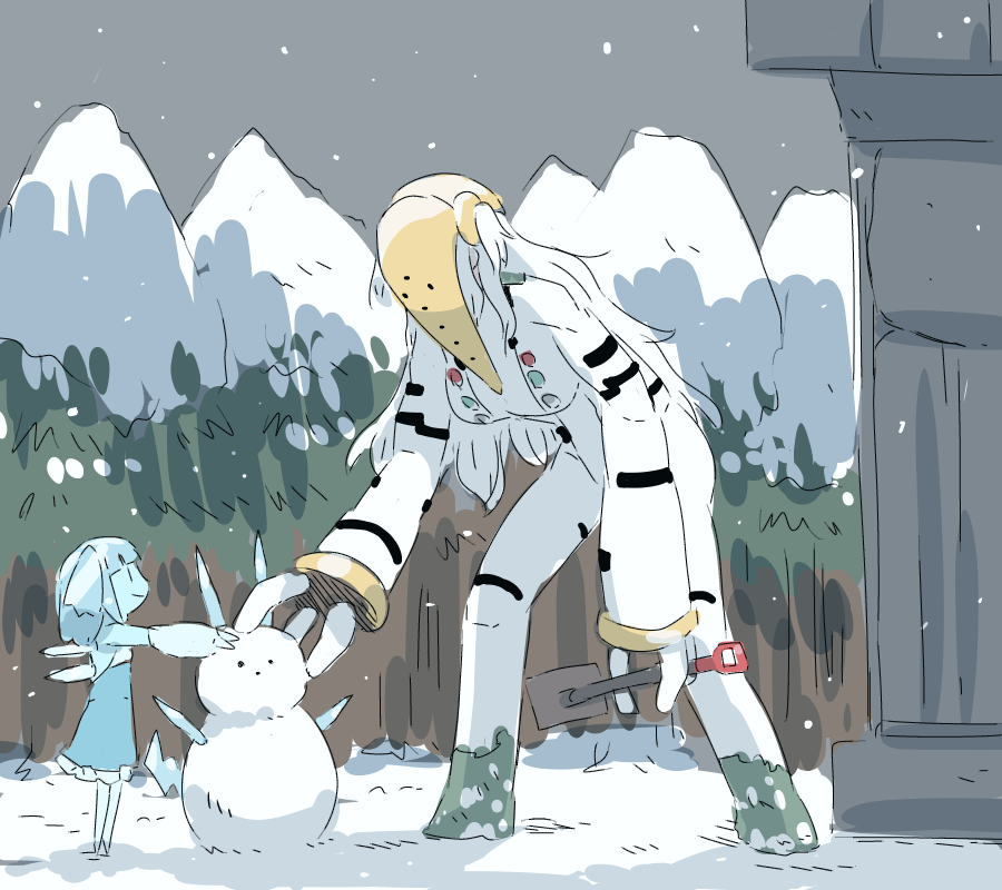 2girls blue_dress blue_hair blue_skin bodysuit breasts colored_skin dress forest formal_clothes gen_3_pokemon gen_4_pokemon ice_crystal kasugai_(de-tteiu) large_breasts legendary_pokemon long_hair long_sleeves markings mask mountain multiple_girls nature nintendo personification pokemon regice regigigas shovel size_difference snow snowing snowman suit white_hair white_suit